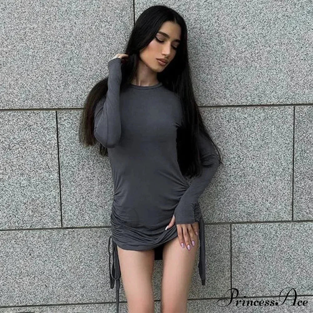 Drawstring Long Sleeve Club Party Bodycon Solid Mini Dress image 3