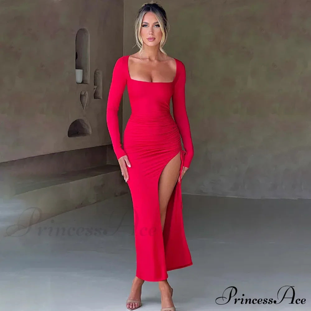Drawstring Ruched High-split Club-ready Square-necked Long-sleeved Sensual Midi Dress image 2