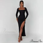 Drawstring Ruched High-split Club-ready Square-necked Long-sleeved Sensual Midi Dress image 4