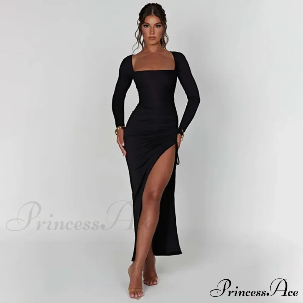 Drawstring Ruched High-split Club-ready Square-necked Long-sleeved Sensual Midi Dress image 4