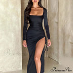 Drawstring Ruched High-split Club-ready Square-necked Long-sleeved Sensual Midi Dress image 5