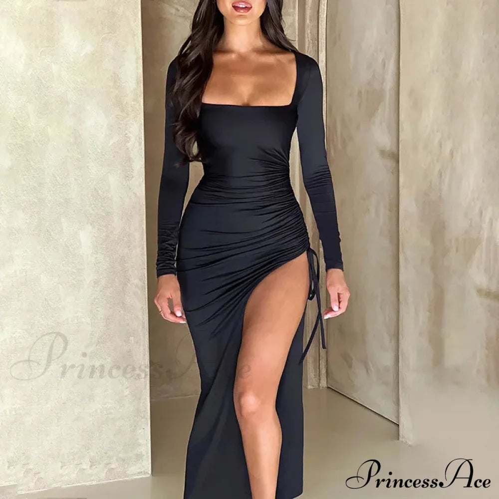 Drawstring Ruched High-split Club-ready Square-necked Long-sleeved Sensual Midi Dress image 5