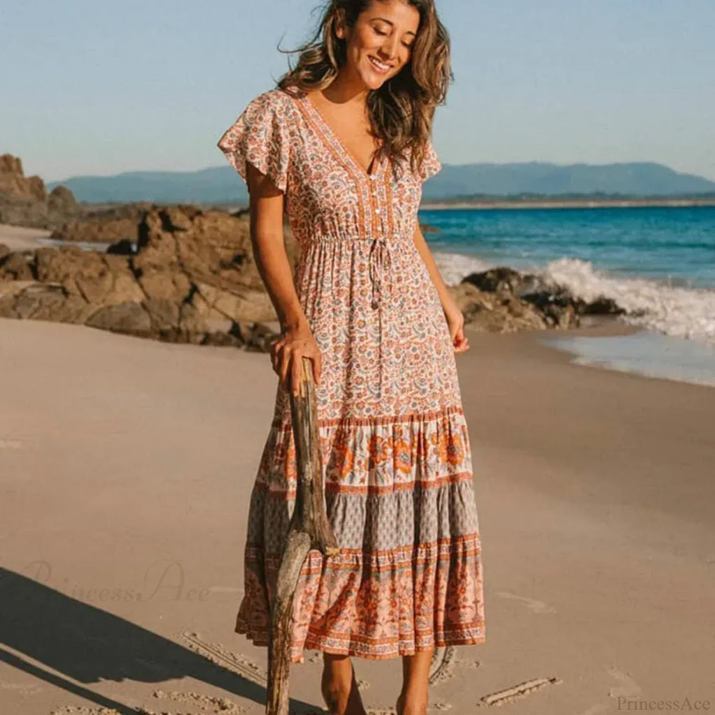 Drawstring Waist Midi Dress Vintage Floral Cotton Casual Summer Dress image 1