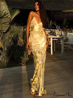 Dulzura Gold Strap V Neck Backless Long Metal Party Club OutFits Y2K Clothes Summer Floral Dress image 2