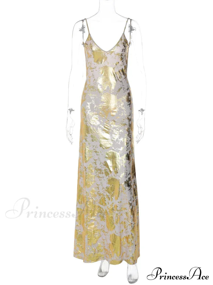 Dulzura Gold Strap V Neck Backless Long Metal Party Club OutFits Y2K Clothes Summer Floral Dress image 5