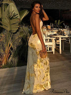 Dulzura Gold Strap V Neck Backless Long Metal Party Club OutFits Y2K Clothes Summer Floral Dress image 3