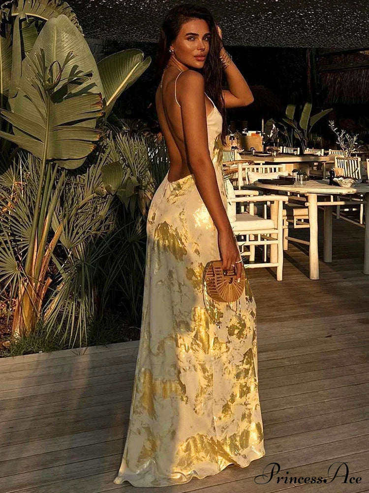 Dulzura Gold Strap V Neck Backless Long Metal Party Club OutFits Y2K Clothes Summer Floral Dress image 3