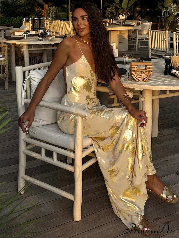 Dulzura Gold Strap V Neck Backless Long Metal Party Club OutFits Y2K Clothes Summer Floral Dress image 4