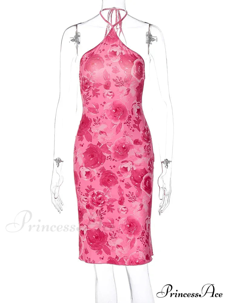 Dulzura Rose Print Lace Up Halter Mini Sexy Backless Party OutFit Birthday Clothes Y2K Floral Dress image 6