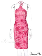 Dulzura Rose Print Lace Up Halter Mini Sexy Backless Party OutFit Birthday Clothes Y2K Floral Dress image 6