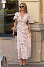 Printed V Neck Puff Sleeve Waist Maxi Dress image 2