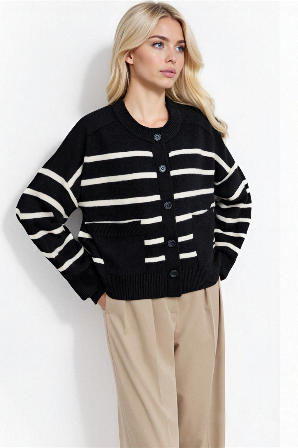 Crew Neck Striped Button Pocket Knit Cardigan image 5