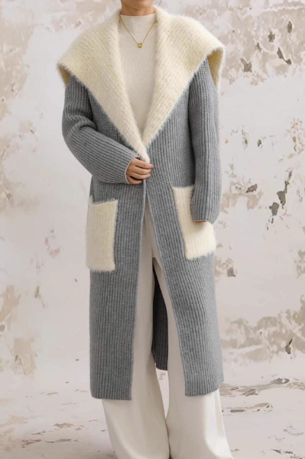 Faux Fur Collar Long Patchwork Loose Knit Overcoat image 8