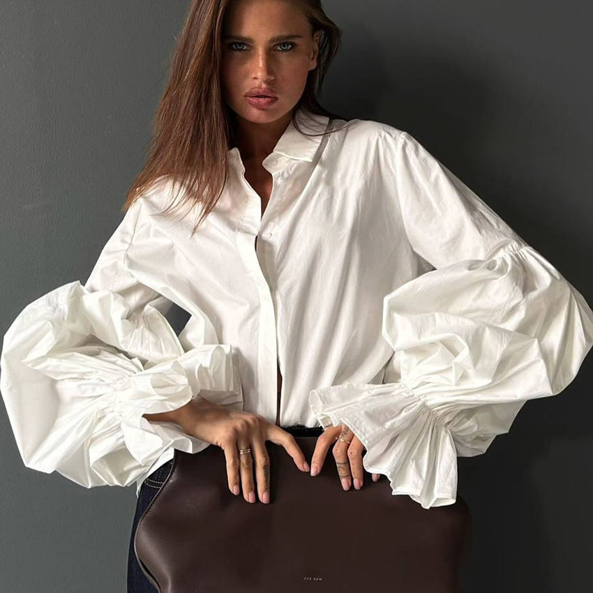 Loose Fit Lantern Sleeve Lapel Blouse image 2