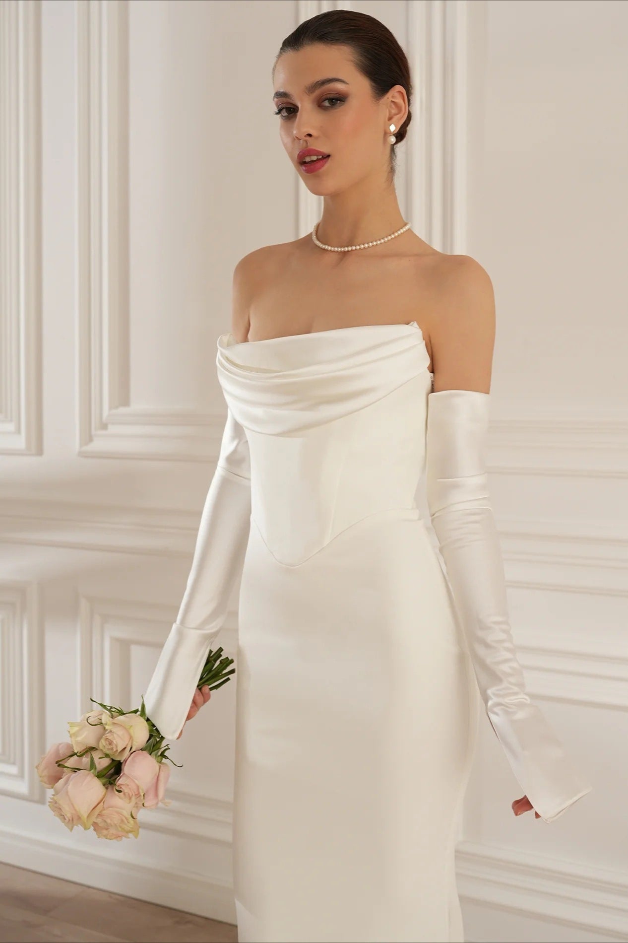 Minimalist Elegant Ruched Satin Mermaid Reception Dress image 4