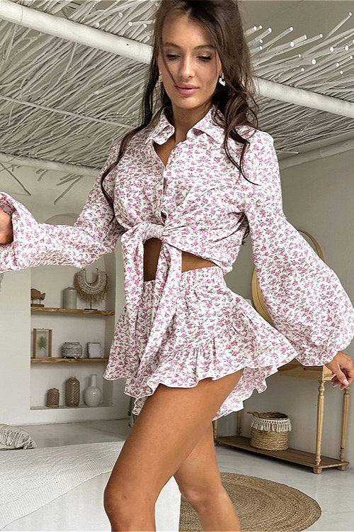 Long Sleeve Floral Collar Flip Shirt Ruffled Shorts Two Piece Set image 3