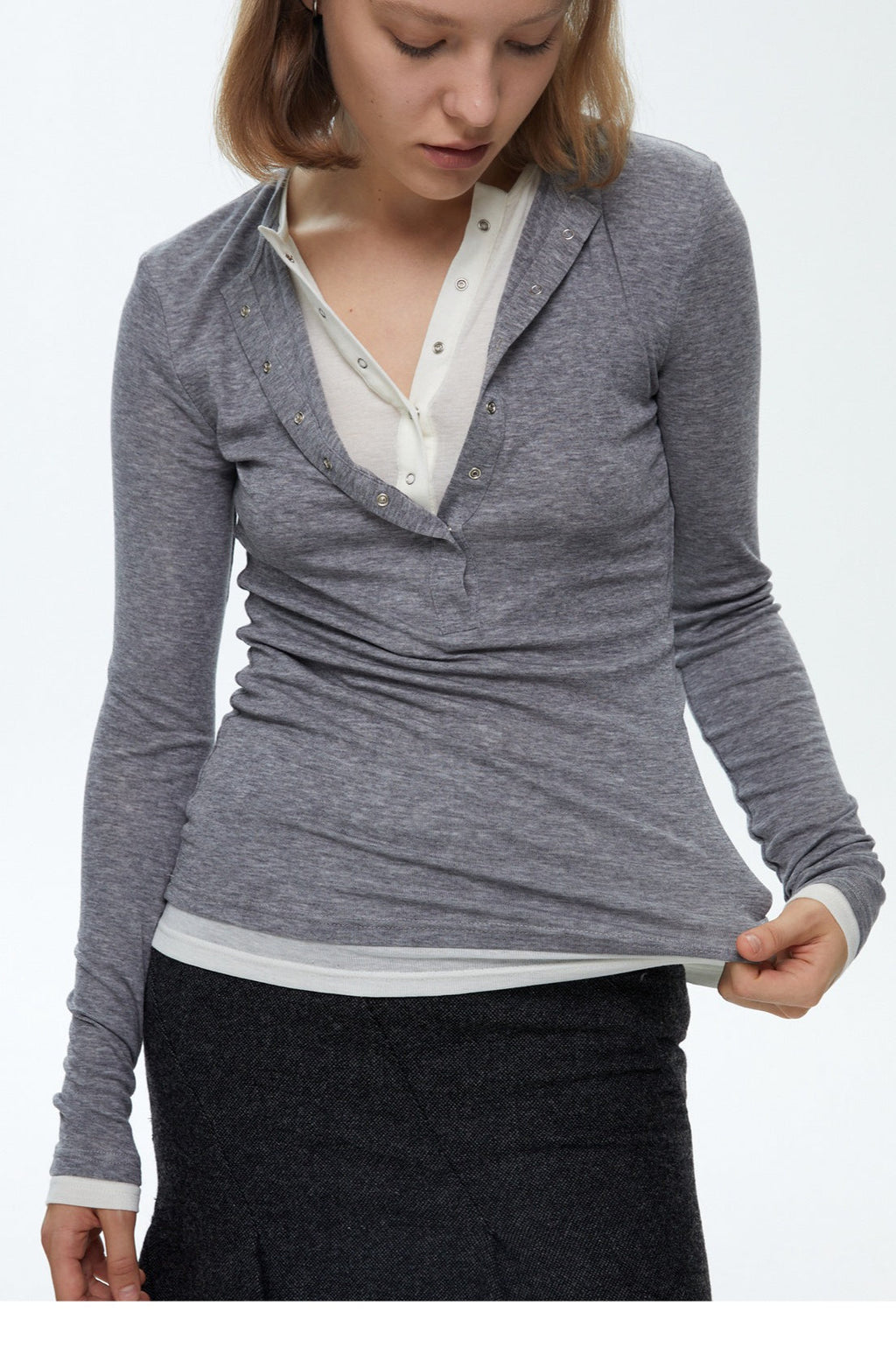 Button Detail Layered Long Sleeve Knit Top image 9