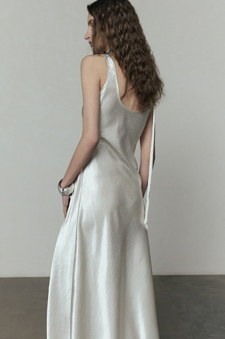 Simple Solid Satin V Neck Loose Maxi Dress image 5