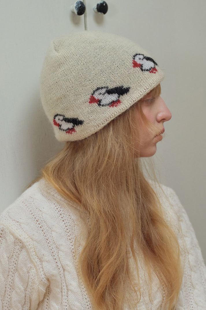 Rabbit Hair Blend Bird Pattern Color Block Knitted Hat image 5