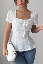 Square Neck Bow Lace Short Sleeve Blouse image 1