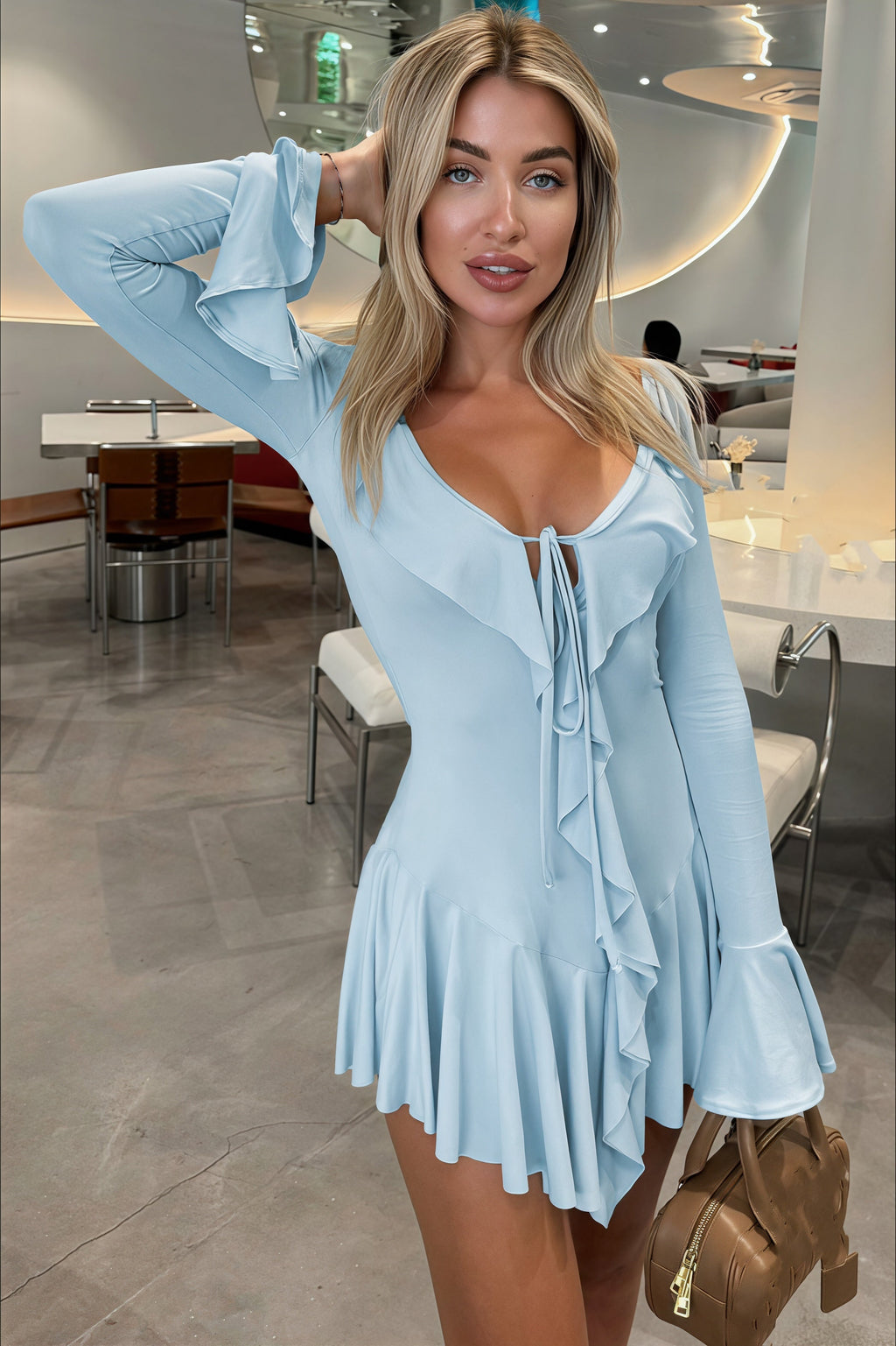 Fresh Plunging Neckline Bell Sleeve Ruffle Lace-up Mini Dress image 1