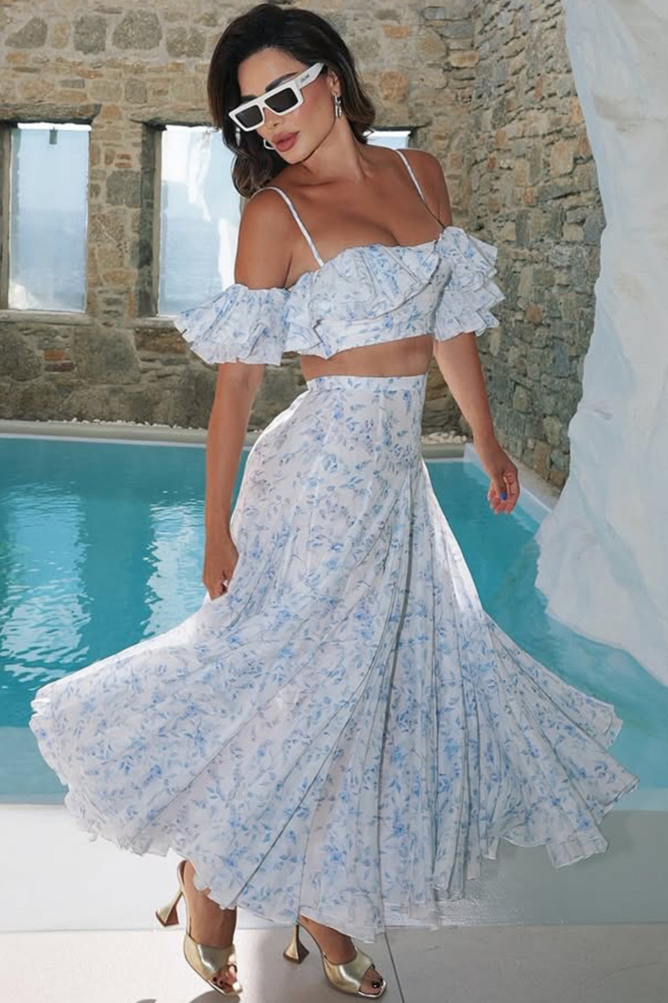 Off Shoulder Floral Ruffled Camisole Maxi Dress Two Piece Set image 1