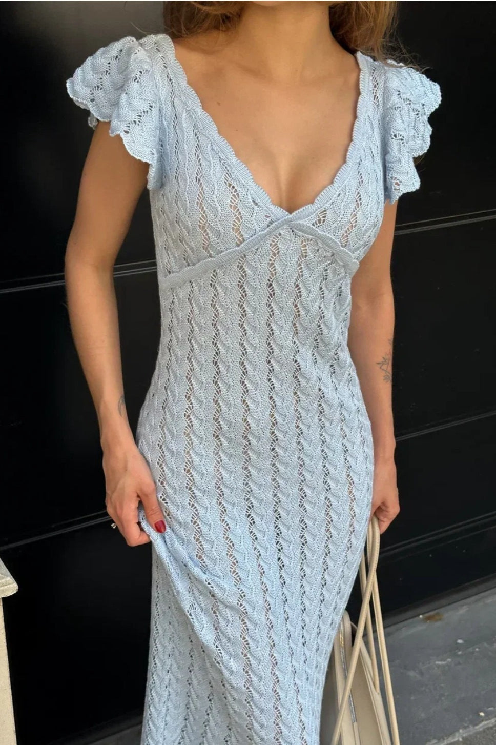 French Ruffle V Neck Knit Pastoral Maxi Dress image 3