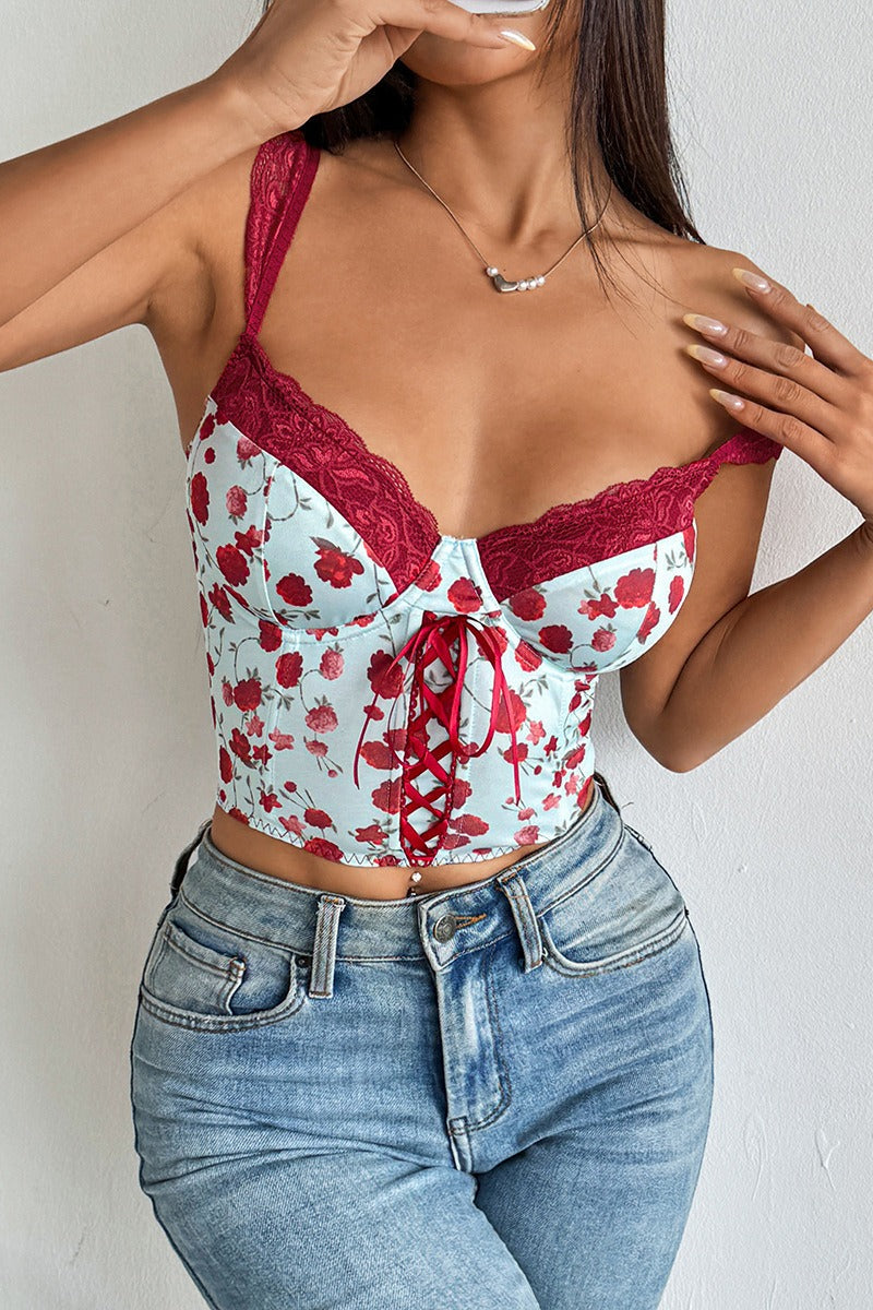 Rose Print Lace Bustier Tie Slim Cami Top image 6