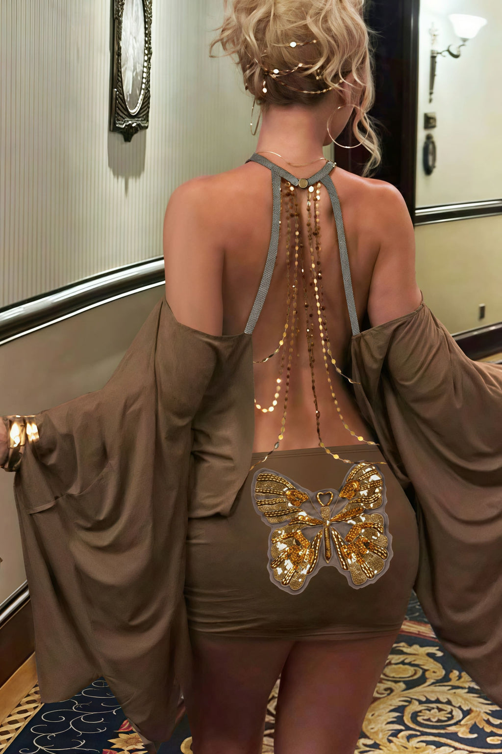 Backless Chain Bodycon Batwing Sleeve Mini Dress image 1