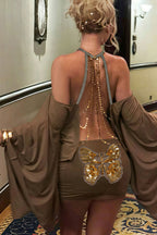 Backless Chain Bodycon Batwing Sleeve Mini Dress image 1