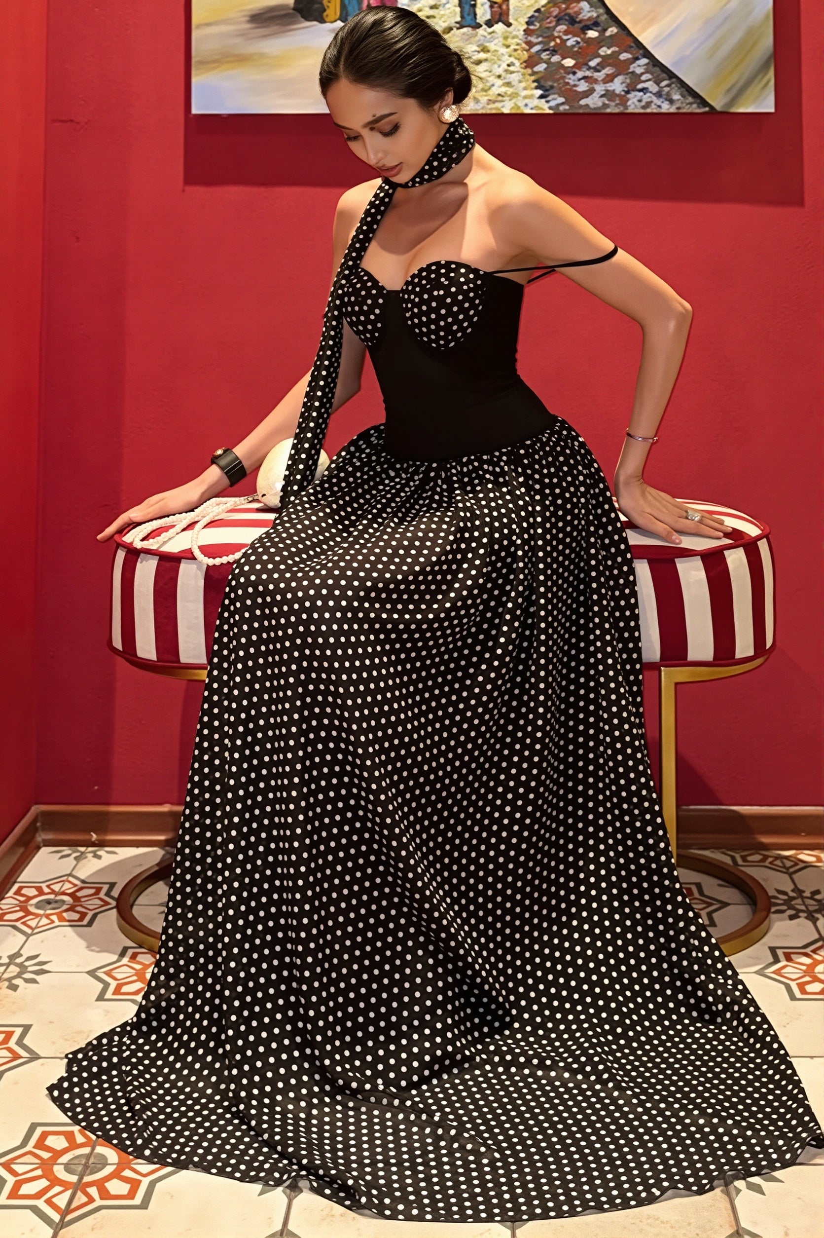 Strapless Cutout Back Ribbon Dot Print Cami Maxi Dress image 5