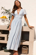 Solid V Neck Puff Sleeve Flared Midi Dress image 10