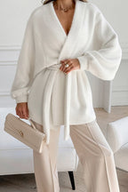 White Fuzzy Tie Waist Mid-Length Relaxed Cardigan image 2