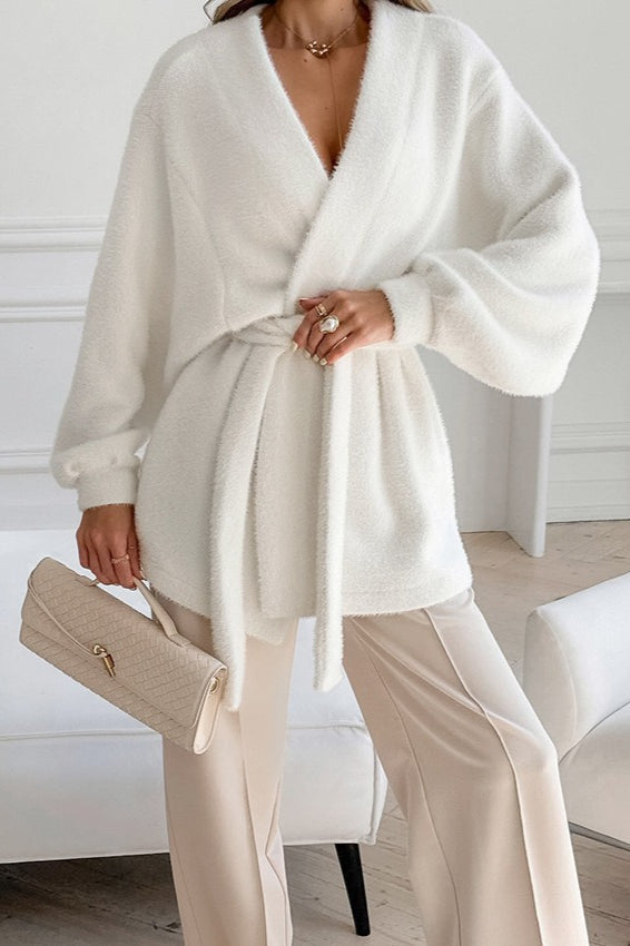 White Fuzzy Tie Waist Mid-Length Relaxed Cardigan image 2