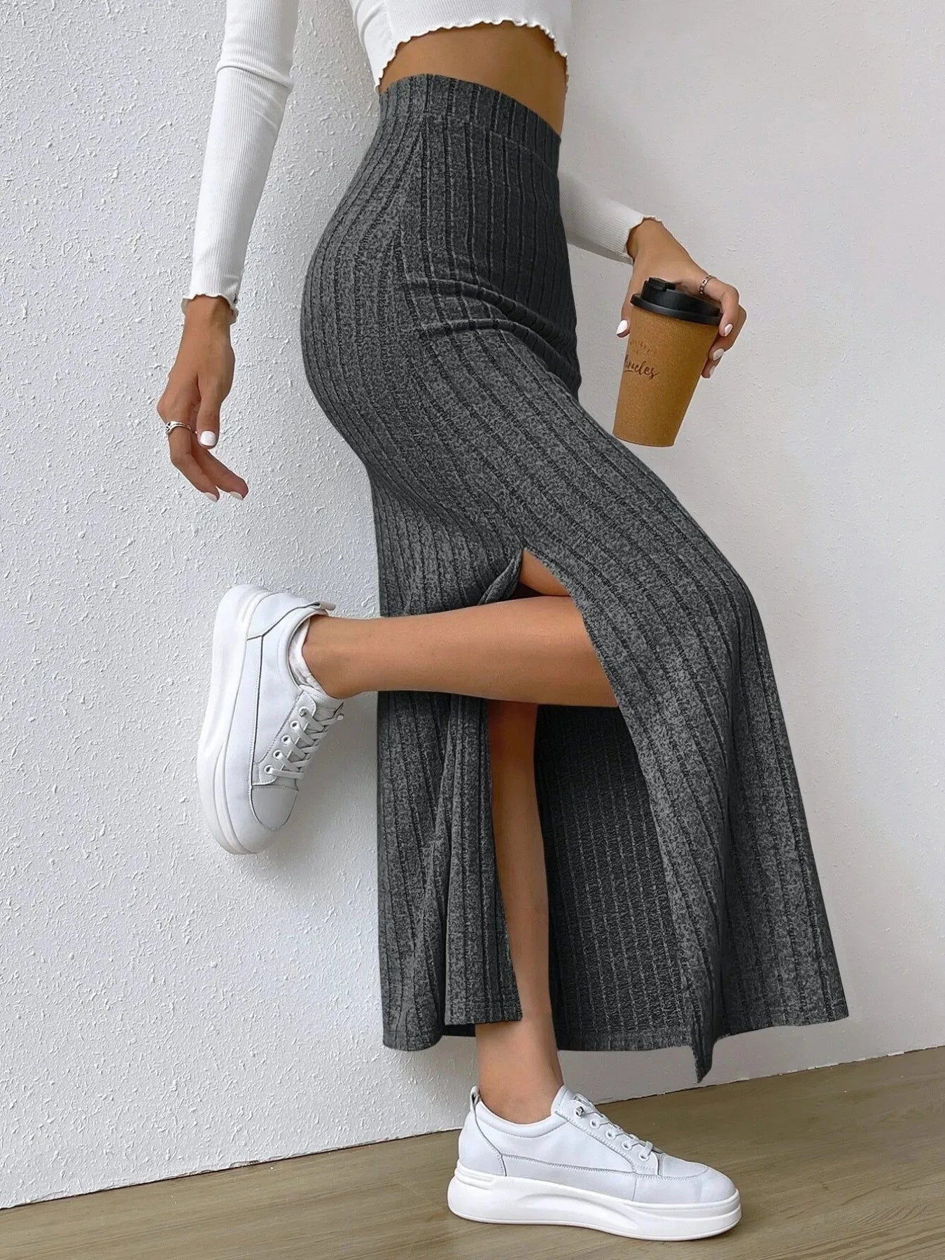 Noemi Ribbed Knit Skirt detail view styled for Avrienne