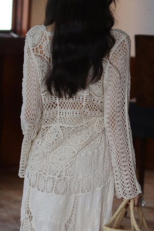 Elegant Hollow Lace Crew Neck Knit Blouse image 4