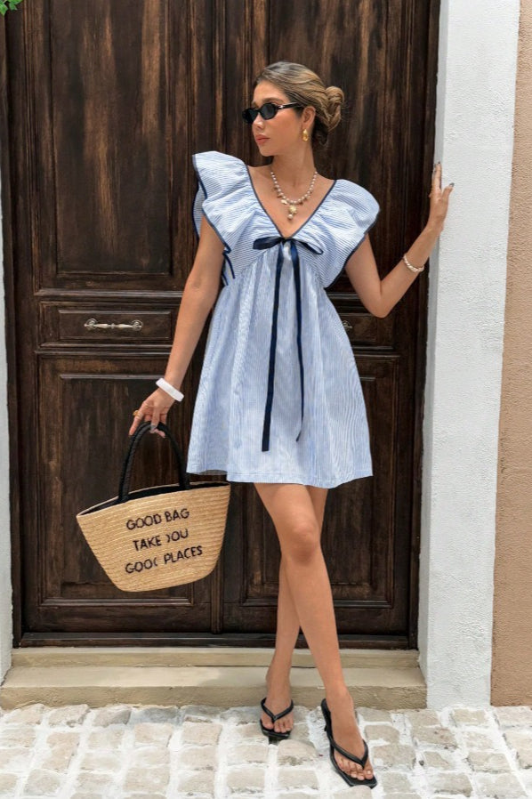 Striped V Neck Ruffle Flutter Sleeve Mini Dress image 6
