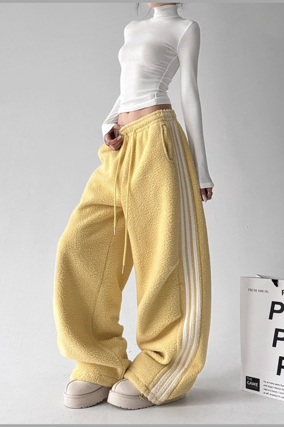 Sporty Plush Wide-Leg Striped Pants image 8