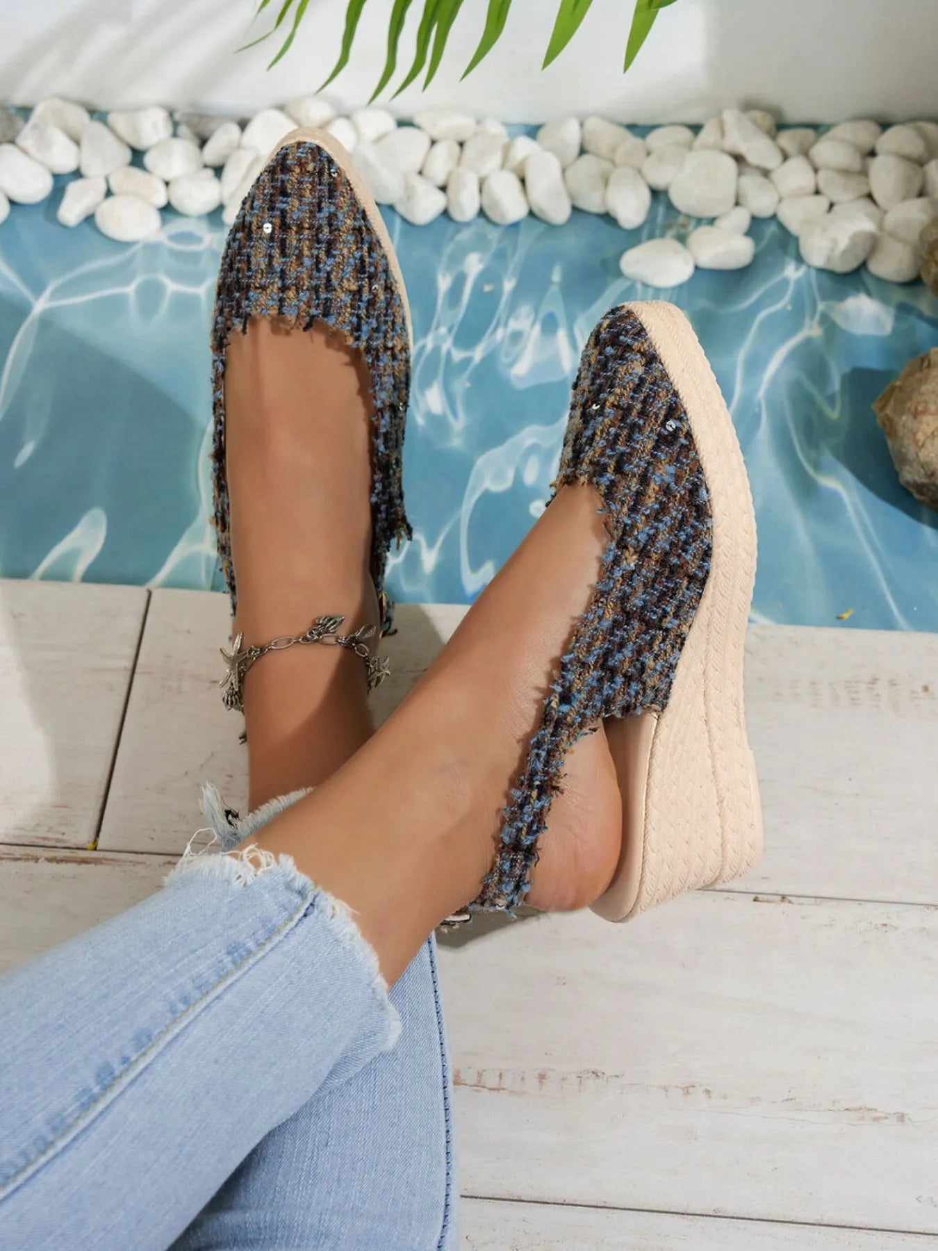 Aurelia Wedge Sandals detail view styled for Avrienne