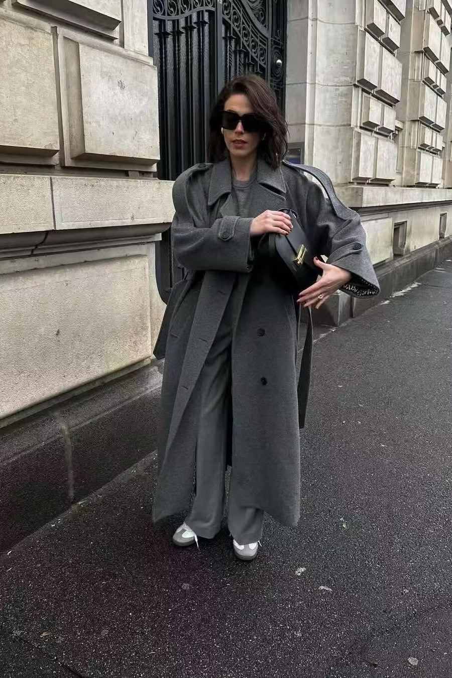 Double-Breasted Belted Slim-Fit Woolen Long Overcoat image 2