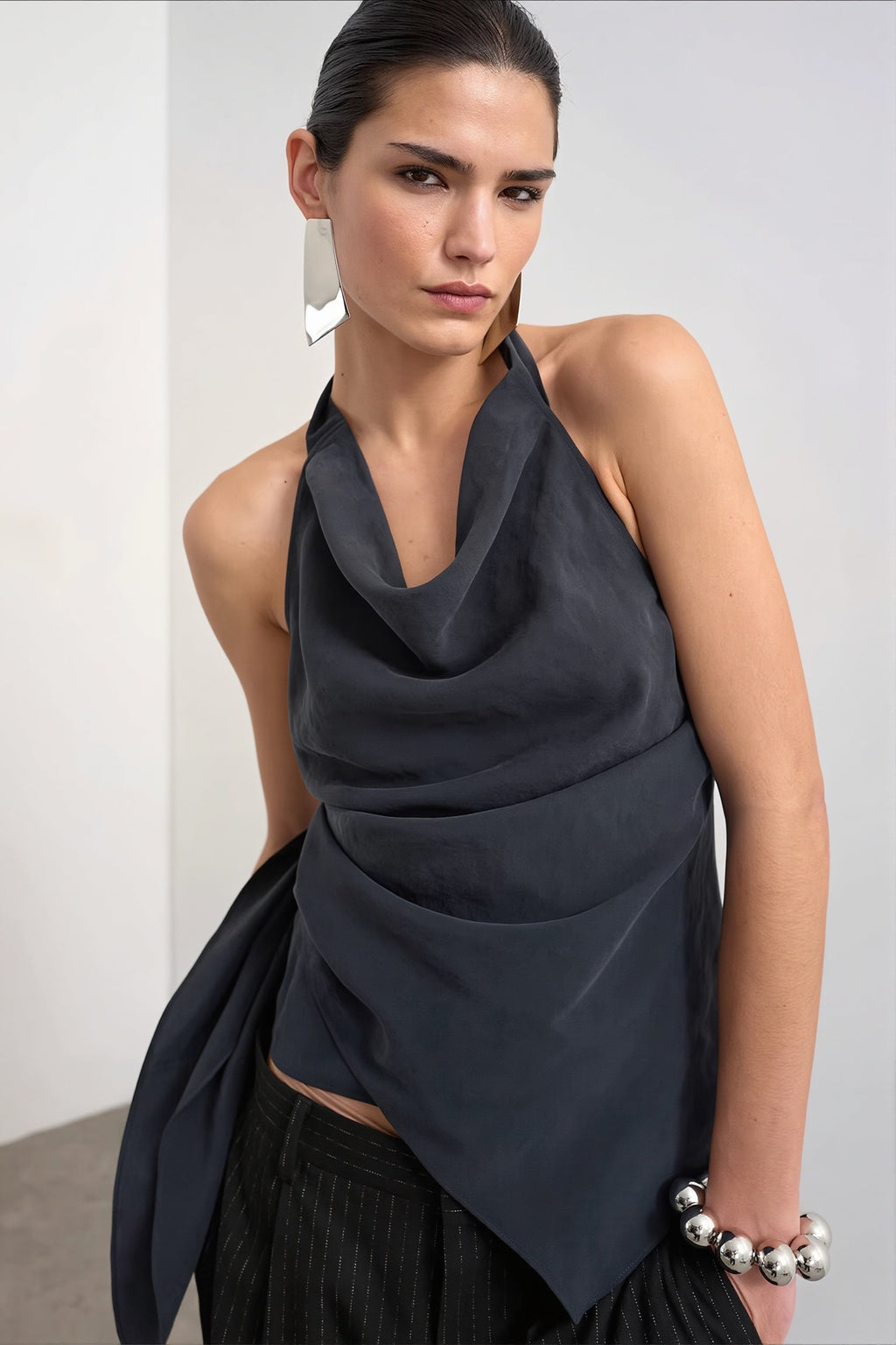 Cowl Neck Backless Asym Draped Halter Top image 1