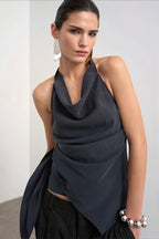 Cowl Neck Backless Asym Draped Halter Top image 1