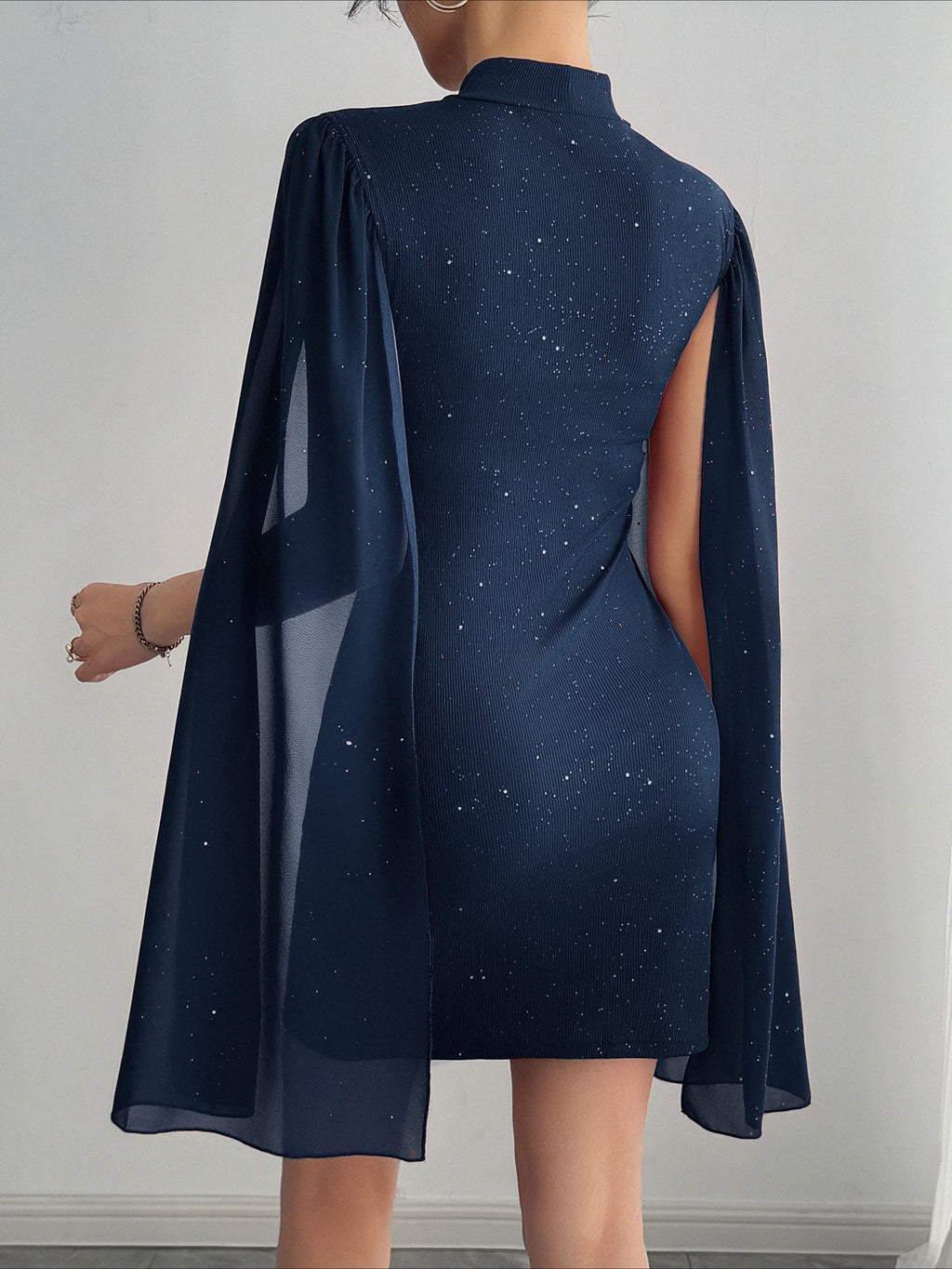 Rhinestone Spliced Round Neck Slim Fit Mini Dress image 6
