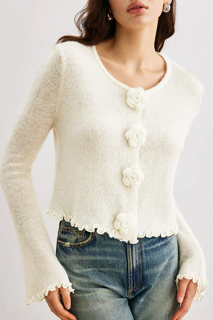 Slim-Fit 3D Floral Ruffled Pullover Knit Cardigan image 3