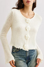 Slim-Fit 3D Floral Ruffled Pullover Knit Cardigan image 3