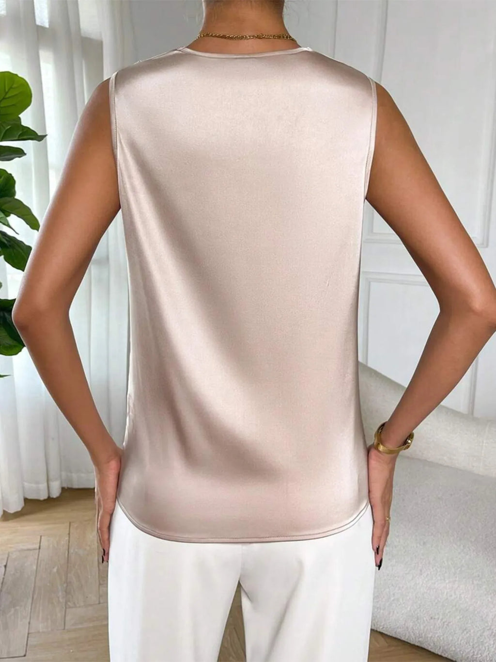 Marisol Satin Blouse detail view styled for Avrienne