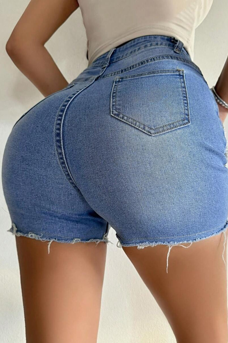 Beaded Chain Ripped High Waist Denim Shorts image 5