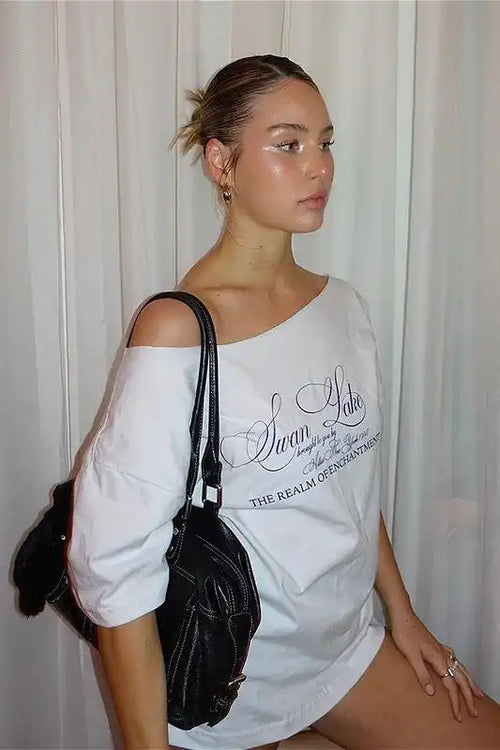 Casual Letter Off Shoulder Loose T-Shirt image 2
