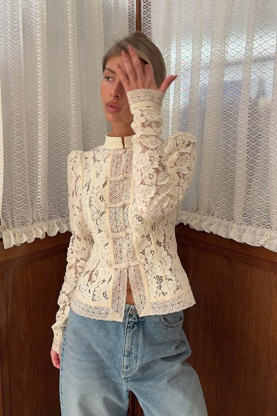 Soft-Style Stand-Collar Frog-Button Lace Cutout Cardigan image 5