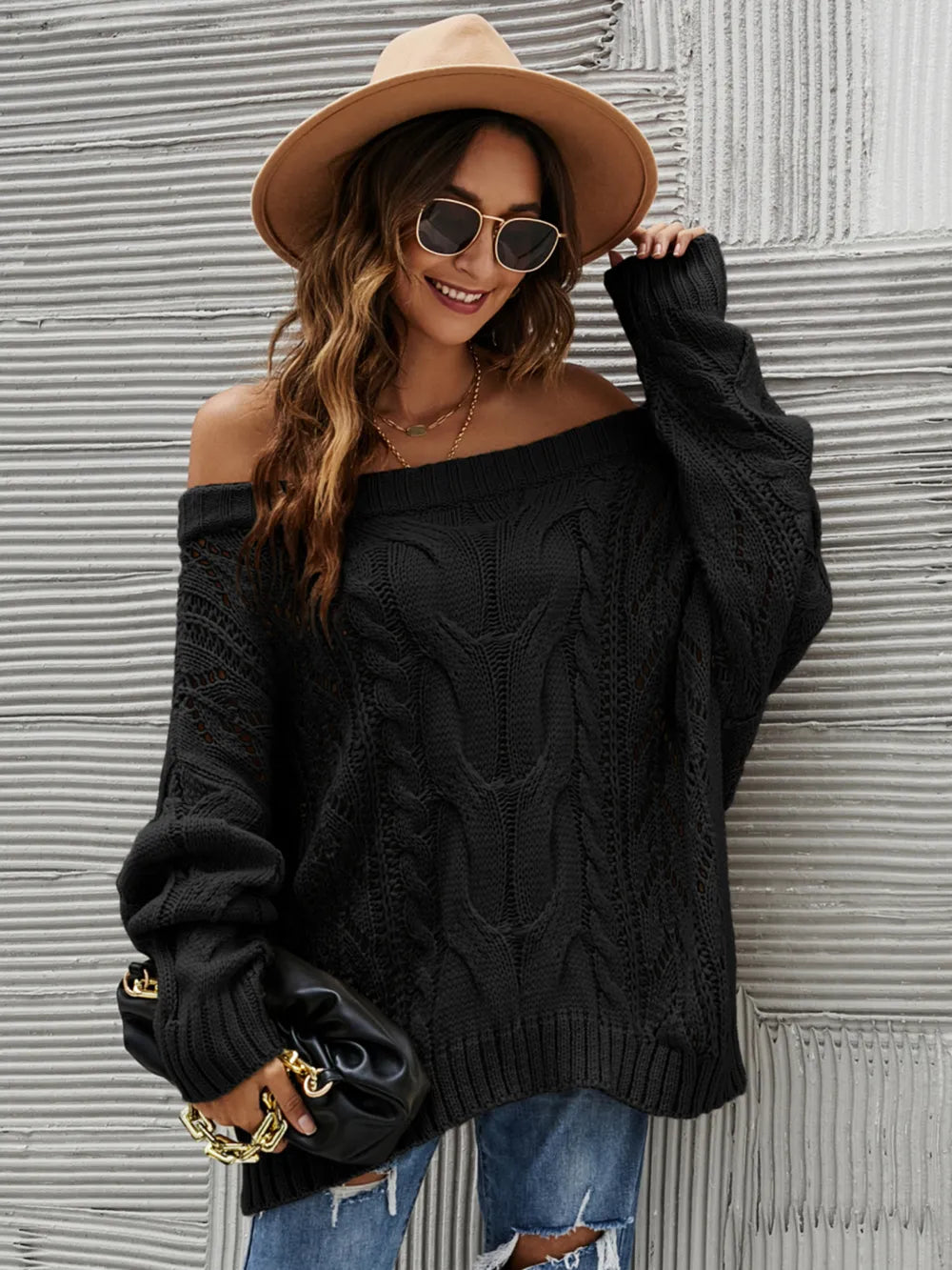 Sabine Off-Shoulder Sweater detail view styled for Avrienne